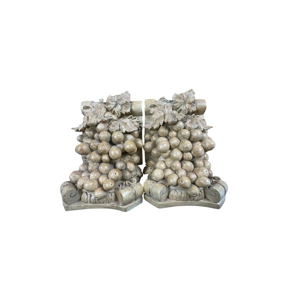 Vintage Grape Cluster Bookends Faux Wood Resin Fruit Vine Pair